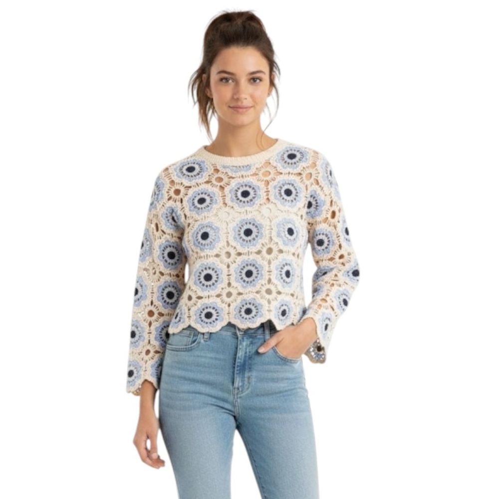 Rebellion Floral Lace Blouse - Cream and Blue. Size M.